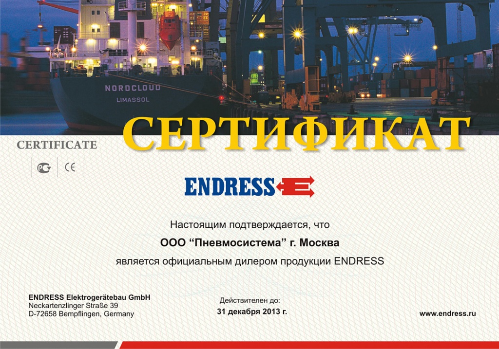 сертификат авторизованного дилера ENDRESS